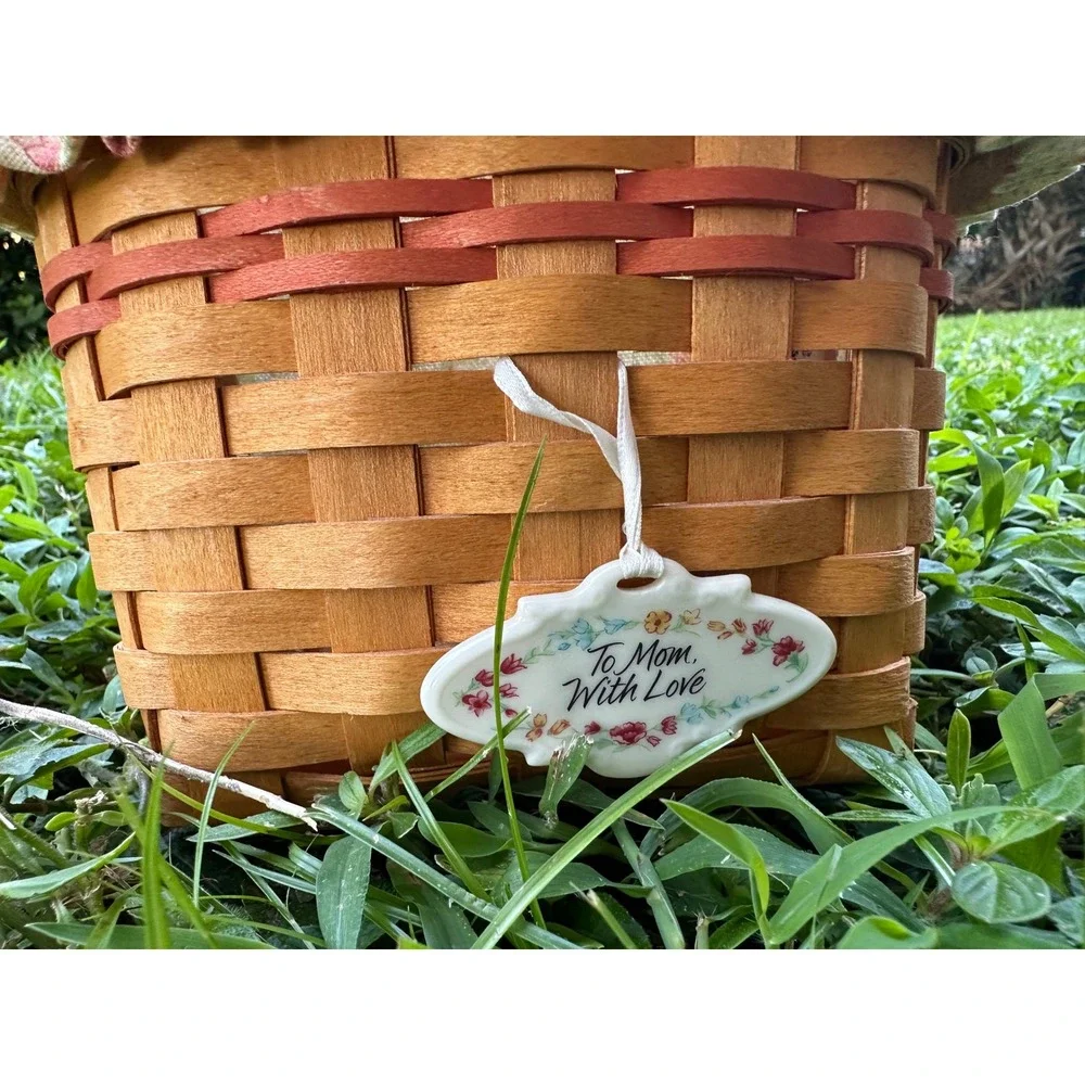 Longaberger 2000 Mother's Day Basket Floral Liner Ceramic Tie-On Wood Handle